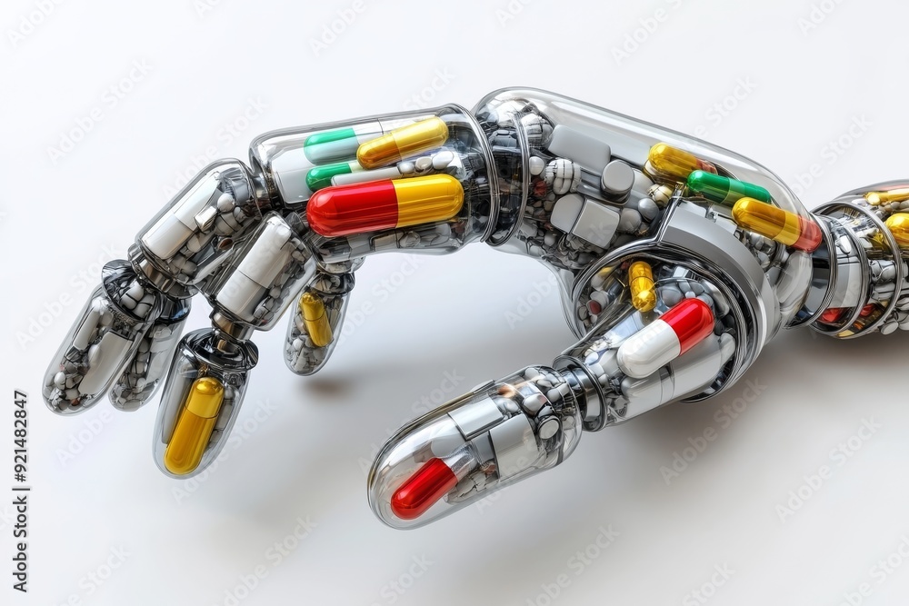 Poster metallic robotic hand with multicolored capsules embedded in its fingers representing the fusion of 