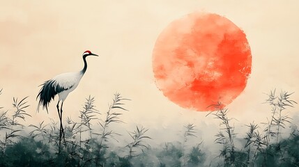 Auspicious Bamboo with Crane: Bamboo illustrated with a crane in ancient painting style, representing longevity and good fortune