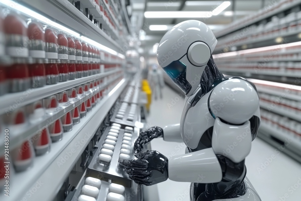 Aufkleber robotic figure managing rows of organized capsules in a sterile environment representing efficiency 