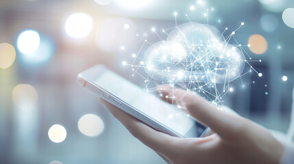 hand holding smartphone with cloud of digital connections and data