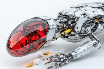 Robotic hand holding a red capsule with a transparent case symbolizing the protection and delivery of pharmaceuticals
