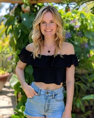 Fototapeta premium Smiling Woman in a Tropical Garden, Summer Vibes. Generative AI.