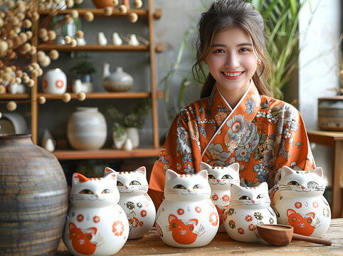 a korian girl with Multiple ceramic cat figurines in various sizes and designs.