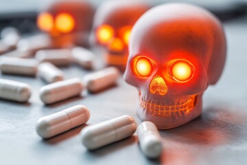 Eerie glowing skull amidst darkness a stark representation of futuristic fears and robotic themes