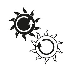 Sun icons with circular arrows. Black and white vector design. Renewable energy concept.