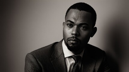 Obraz premium Generative AI, A powerful and sophisticated portrait of a man in a suit, exuding confidence, intelligence, and authority through a classic, monochromatic composition.