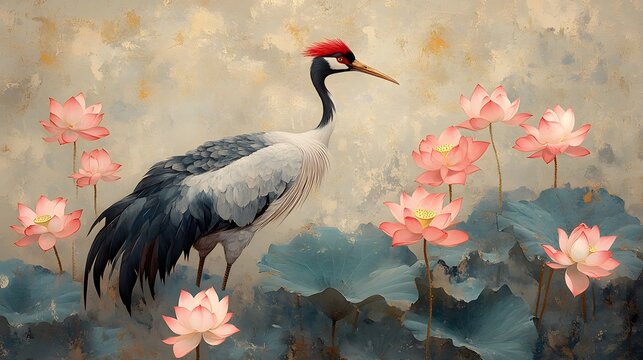 Auspicious Crane with Lotus Flowers: A crane surrounded by blooming lotus flowers, symbolizing purity and grace