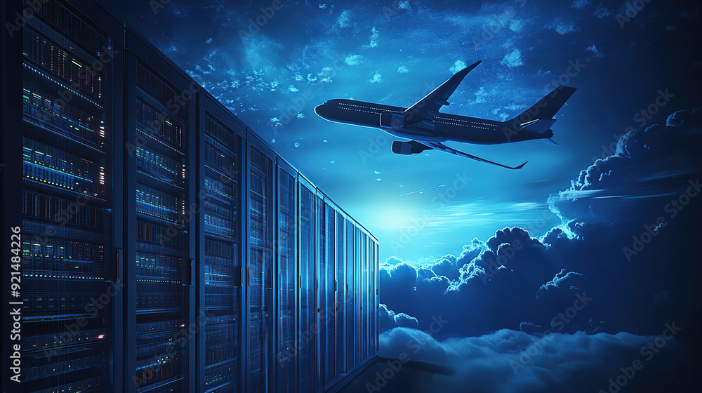 Poster digital air flight background with airplane flying over dark blue digital clouds and computer server
