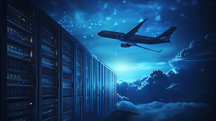 digital air flight background with airplane flying over dark blue digital clouds and computer server rack in data center