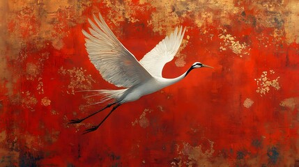 Auspicious Crane in Ancient Style: A crane depicted in traditional painting style with intricate patterns, symbolizing longevity and tranquility