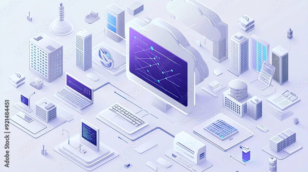 Poster isometric illustration of cloud computing with computers and buildings
