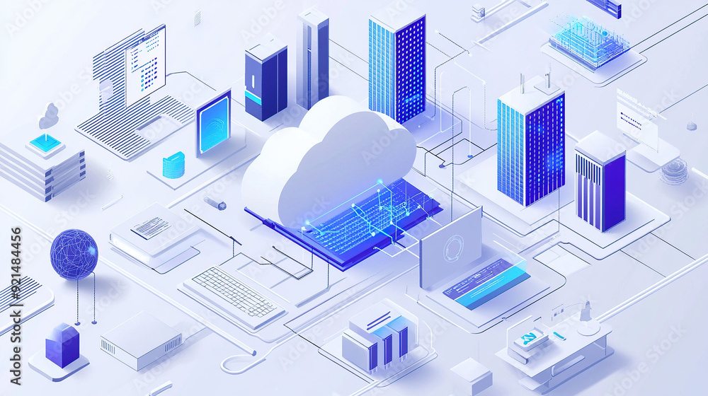 Poster isometric illustration of cloud computing with computers and buildings
