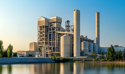 Industrial Power Plant by a River at Sunset