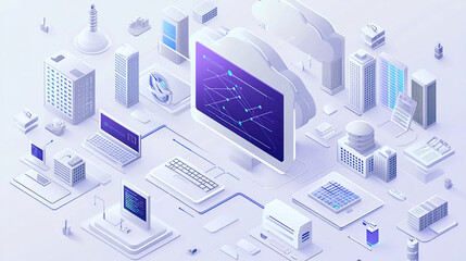 Fototapeta premium isometric illustration of cloud computing with computers and buildings