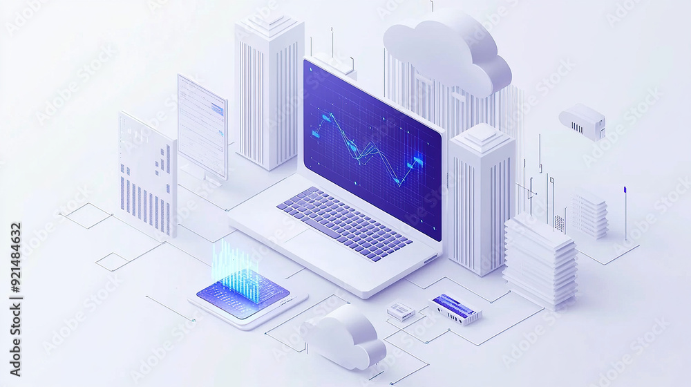 Poster isometric illustration of cloud computing with computers and buildings