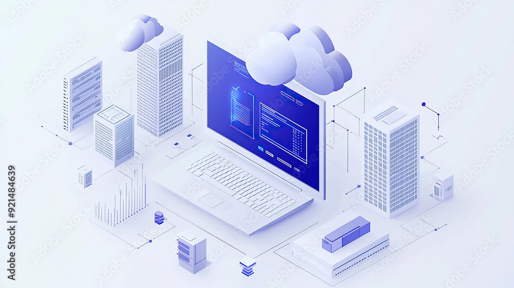 Poster isometric illustration of cloud computing with computers and buildings