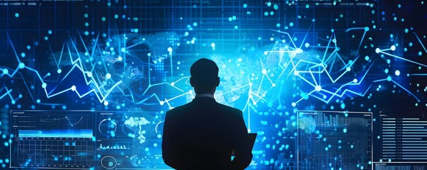 A Silhouetted Man Standing Before a Wall of Data and Charts