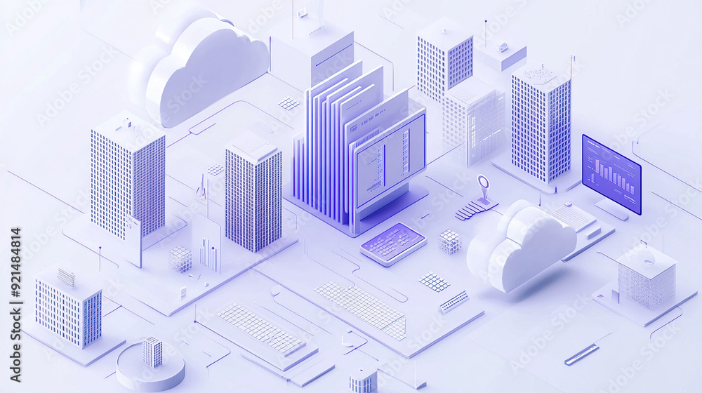 Poster isometric illustration of cloud computing with computers and buildings