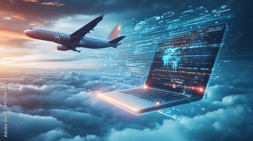 Poster 3d rendering of an airplane flying over a laptop with a digital data and cloud technology background