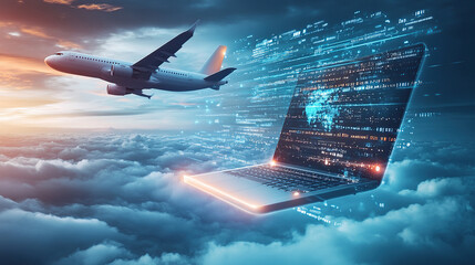 3D rendering of an airplane flying over a laptop with a digital data and cloud technology background concept