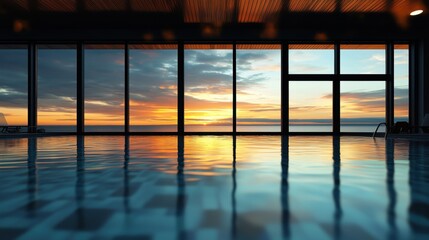 Fototapeta premium Ultra realistic indoor swimming pool with large windows overlooking a serene sea at sunset, with warm orange and cool blue tones reflecting off the water. The pool area features modern, stylish