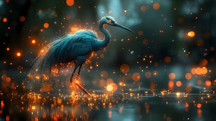 Auspicious Crane and Futuristic Elements: A crane surrounded by futuristic elements and glowing visuals, symbolizing modern grace and good health