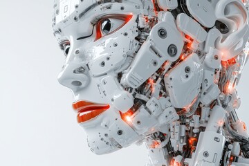 Close up of a robotic face with exposed circuits and red details exploring the aesthetics of machine complexity