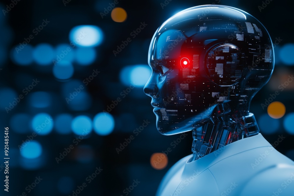 Poster futuristic robot engaging with holographic data showcasing the integration of holography and ai in t