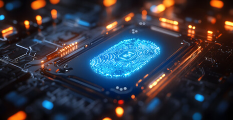 A blue and orange computer chip with a fingerprint on it