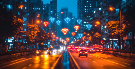 Obraz premium A busy city street with cars and a lot of lights