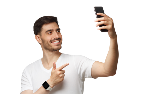 Young handsome man in white t-shirt holding phone and taking selfie photo