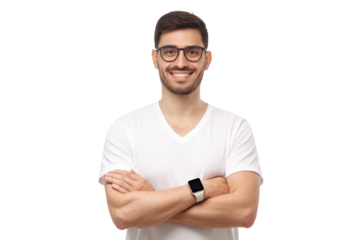 Young smiling handsome man in white tshirt and glasses, standing with arms crossed