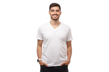 Fototapeta premium Mockup of young man standing with hands in pockets, wearing blank white t-shirt with copy space