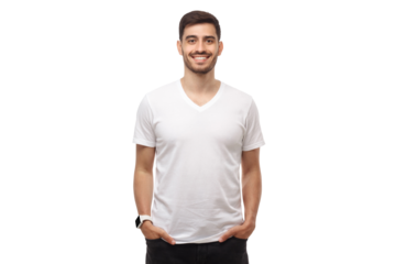 Mockup of young man standing with hands in pockets, wearing blank white t-shirt with copy space