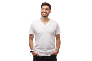 Front mockup of young man standing with hands in pockets, wearing blank white t-shirt with copy...
