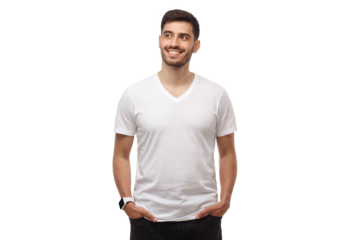 Front mockup of young man standing with hands in pockets, wearing blank white t-shirt with copy space