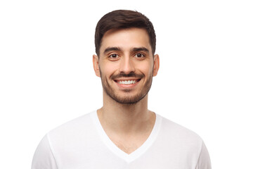 Portrait of young smiling handsome man wearing white t-shirt