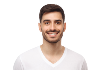 Portrait of young smiling handsome man wearing white t-shirt