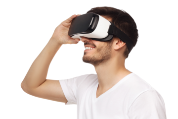 Handsome man experiencing virtual reality while using vr headset