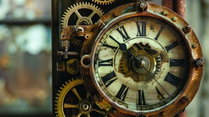 Obraz premium An old steampunk clock, with exposed gears and vintage brass, blending industrial design with Victorian aesthetics.
