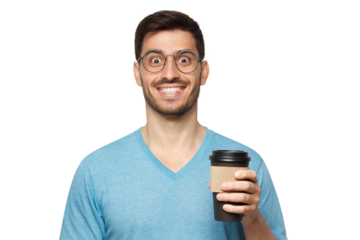 Young handsome man wearing blue t-shirt and round glasses, holding takeaway coffee cup in one hand