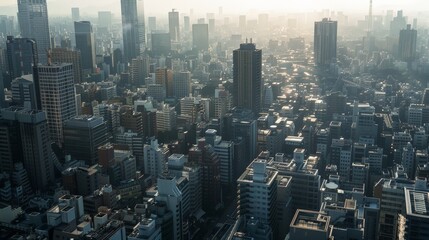 An urban jungle where high-rise buildings dominate the skyline, casting long shadows over the concrete maze.