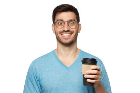 Young handsome man wearing blue t-shirt and round glasses, holding takeaway coffee cup in one hand