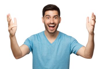 Young happy man in blue t-shirt holding hands open feeling excited and amazed by his success, screaming with joy