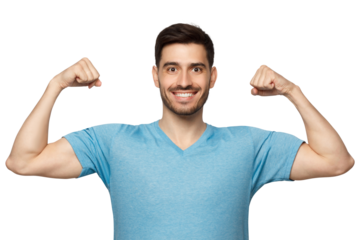 Strong and sporty athletic man in casual blue t-shirt, showing two biceps after training in gym