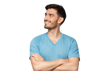 Young handsome man in blue t-shirt, standing with crossed arms, feeling confident, looking away