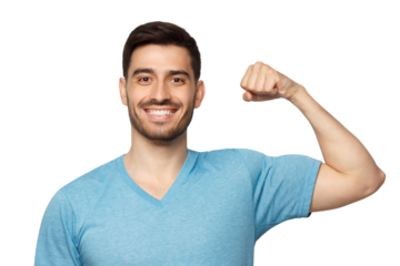 Young strong sporty athletic man in casual blue t-shirt, showing biceps after training in gym