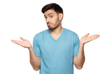I don't know. Portrait of young confused man in blue t-shirt standing and shrugging shoulders, spreading hands