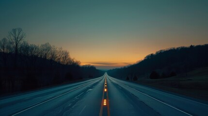Fototapeta premium Capture a deserted highway at sunrise, with the sky glowing in soft hues and the road leading into the unknown.