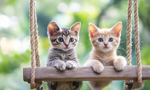 Adorable kittens sitting on wooden swing outdoors with ai generated.
